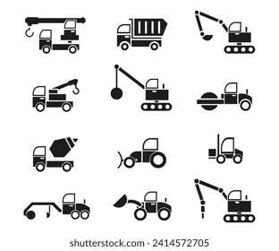 Iconos de maquinaria de construcción, camiones de construcción, carretillas elevadoras, grúas, excavadoras, tractores, topadoras, camiones, equipo especial, reparación de carreteras Ilustración vectorial