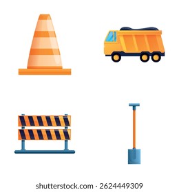 Ícones de máquinas de construção definir vetor cartoon. Equipamento para reparação de estradas. Construção e renovação