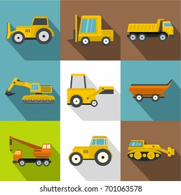 Construction machinery icons set. Flat set of 9 construction machinery vector icons for web with long shadow