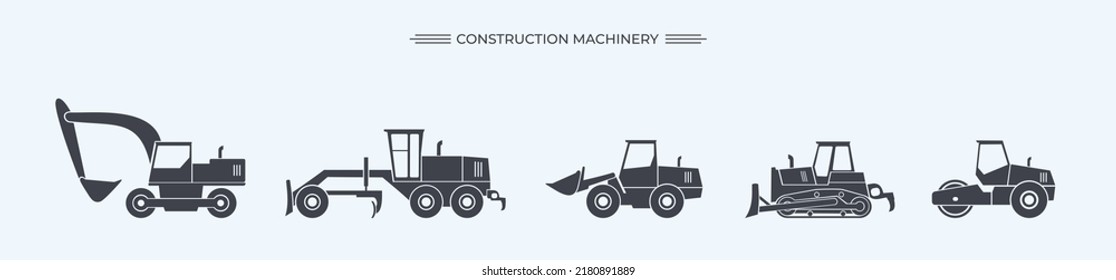 Maquinaria de construcción aislada de conjunto SVG. Equipo especial para obras de construcción. Excavadora, tractor, topadoras, rodillo asfalto, nivelador de carreteras.Vehículos comerciales.Ilustración vectorial plana. Icono