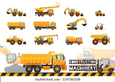 Construction machinery - isolated vector illustrations set on transparent background.