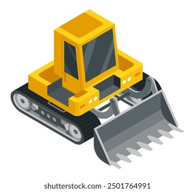 Construction machinery isometric icon, bulldozer. Symbol representing heavy mining or road industry. Career and construction transport. Vector illustration