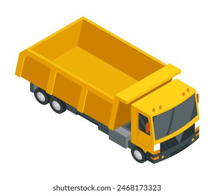 Construction machinery isometric icon, dump truck. Heavy transportation. Symbol representing heavy mining or road industry. Career and construction transport. Vector illustration