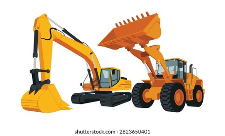 Construction machinery like an excavator and a large wheel loader parked together in a flat vector style isolated against a white background.