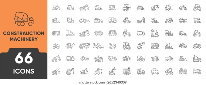 Conjunto de ícones de linha de máquinas de construção. Conjunto de 66 ícones de contorno, incluindo escavadora, grua, escavadeira, ferramentas, caminhão, capacete e engrenagem. Traçado editável. Ilustração de vetor linear.