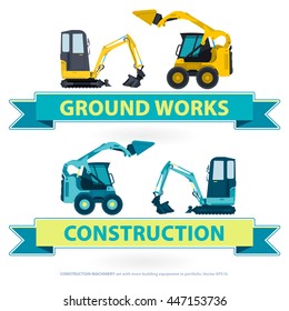 Construction machinery nice set. Blue ground works with sign. Machine vehicles, excavator. Building equipment digger, bagger. Heavy pavement foundation. Master vector illustration. Symbol brand.