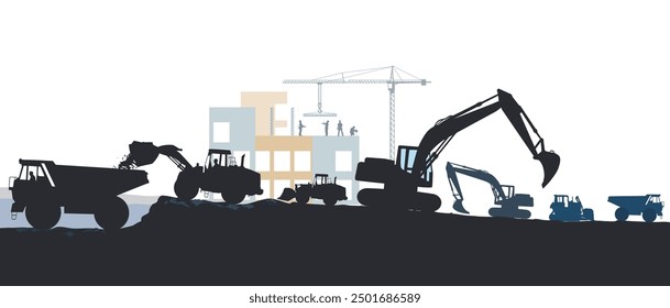 Construction machinery on the construction site, illustration