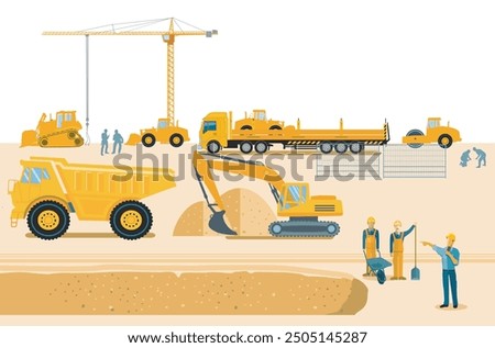 Construction machinery on the construction site with construction workers, illustration