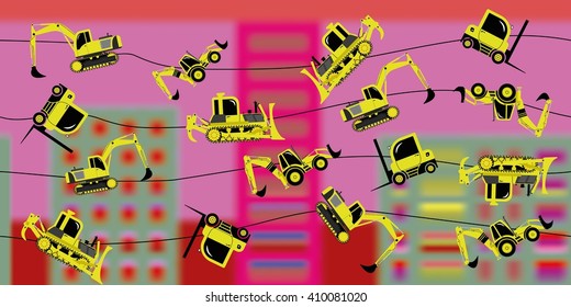 Construction machinery on a thread on a background of colorful fictional city. Vector, pattern.