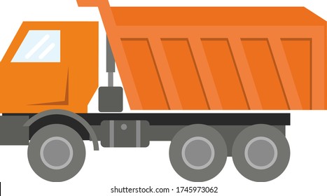 Construction machinery: orange kamaz isolated on a white background. Heavy duty powerful lorry dump truck for work on a construction site and in a quarry. Flat infographics. Vector illustration