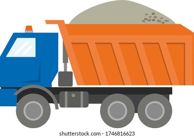Construction machinery: orange kamaz isolated on a white background. Heavy duty powerful lorry dump truck for work on a construction site and in a quarry. Flat infographics. Vector illustration