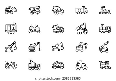 Construction machinery outline icons set. Linear icon collection. Editable stroke. Vector illustration