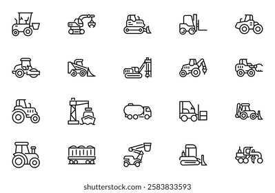 Construction machinery outline icons set. Linear icon collection. Editable stroke. Vector illustration