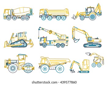 Construction Machinery Outlined Set. Blue Yellow Ground Works. Machine Vehicles, Excavator. Building Equipment. Truck, Digger, Crane, Bagger, Mix. Heavy Pavement Foundation. Master Vector Illustration