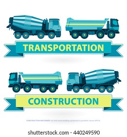 Construction machinery outlined set. Blue ground works with sign. Machine vehicles, truck. Building equipment mix, lorry. Heavy pavement foundation. Master vector illustration. Symbol icon brand.