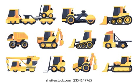 Baumaschinen. Straßenbauschwere Ausrüstung, Baggerkran-Schwerlastwagen-Deponie, Industrieanlagen. Vektorset. Maschinen zum Be- und Entladen von Massengutmaschinen