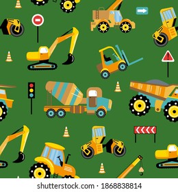 Construction machinery seamless pattern. Flat style. Design for children's prints, wallpapers, carpets.