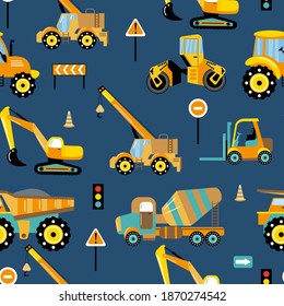 Construction machinery. Seamless pattern of special cars. Design for baby room, fabric, textile, wallpaper, packaging.