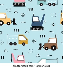 construction machinery seamless vector pattern with tractor on blue background hand drawn design in cartoon style Used for printing, wallpaper, fabric, fashion, textile.