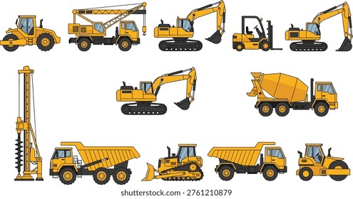 Construction machinery set with excavator, bulldozer, dump truck, crane, forklift and drilling rig for industrial building and engineering illustration