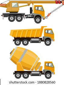 Maquinaria de construcción. Grúa móvil. Mezclador de concreto. Camión volcado. Ilustración vectorial. Aislado sobre fondo blanco. Color amarillo.