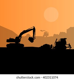 Construction machinery silhouette background. Black and orange set of ground works. Machines work in progress. Vehicle building equipment. Digger Bagger Excavator. Flatten isolated vector illustration