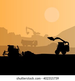 Construction machinery silhouette background. Black and orange set of ground works. Machines work in progress. Vehicle building equipment. Digger Bagger Excavator. Flatten isolated vector illustration