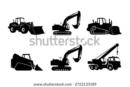 Construction machinery silhouette set - excavators, bulldozers, wheel loader, skid steer, mobile crane vectors
