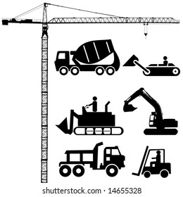 Construction machinery silhouettes including crane excavator and cement mixer