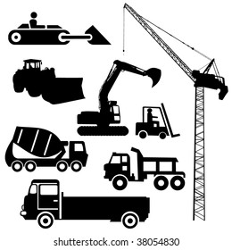 Construction machinery silhouettes including crane excavator and cement mixer