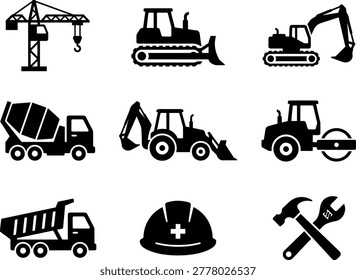 Construction machinery silhouettes on a white background
