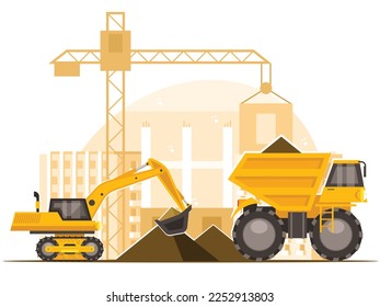 Construction machinery at a construction site. Excavator loads soil into a dump truck. Vector illustration