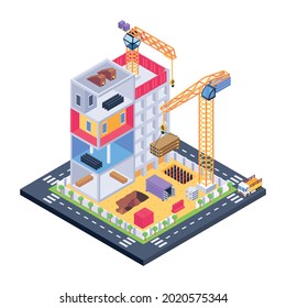 Baumaschinen mit Baustelle, isometrisches Design
