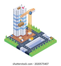 Baumaschinen mit Baustelle, isometrisches Design