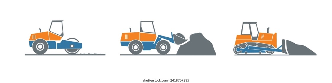 Maquinaria de construcción. Equipo especial para obras de construcción. Cargador, excavadora, tractor, topadoras, rodillo asfalto, nivelador de carreteras.Vehículos comerciales.Ilustración de vectores planos de color. Aislado