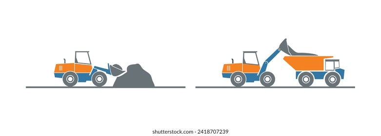 Maquinaria de construcción. Equipo especial para obras de construcción. Cargador, excavadora, tractor, topadoras, rodillo asfalto, nivelador de carreteras.Vehículos comerciales.Ilustración de vectores planos de color. Aislado