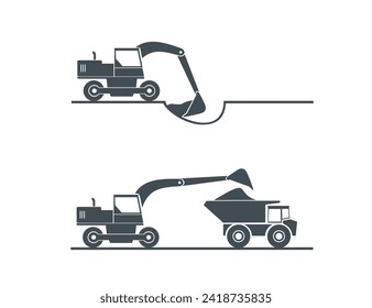 Maquinaria de construcción. Equipo especial para obras de construcción. Cargador, excavadora, tractor, topadora, rodillo asfalto, nivelador de carreteras.Vehículos comerciales.Ilustración de vectores planos de color. Aislado