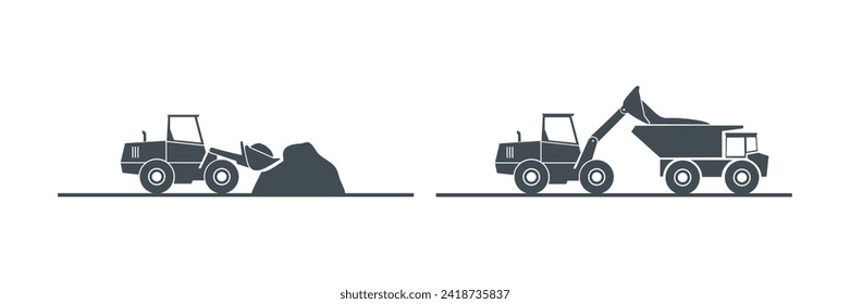 Maquinaria de construcción. Equipo especial para obras de construcción. Cargador, excavadora, tractor, topadora, rodillo asfalto, nivelador de carreteras.Vehículos comerciales.Ilustración de vectores planos de color. Aislado