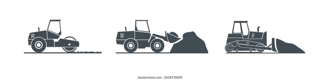 Maquinaria de construcción. Equipo especial para obras de construcción. Cargador, excavadora, tractor, topadora, rodillo asfalto, nivelador de carreteras.Vehículos comerciales.Ilustración de vectores planos de color. Aislado