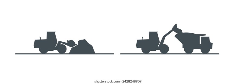 Maquinaria de construcción. Equipo especial para trabajos de construcción. Carreteras. Cargador, tractor, topadoras. Cargadoras de ruedas. Vehículos comerciales. Ilustración de vector plano de color. Aislado