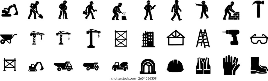 Iconos de carrera de maquinaria de construcción con grúas, excavadoras, camiones, herramientas y equipos de Industrial.