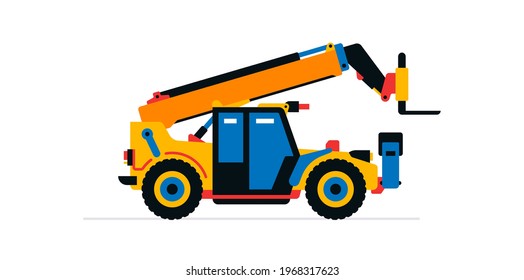 Construction machinery, telehandler. Commercial vehicle for construction site work. Vector illustration isolated on white background