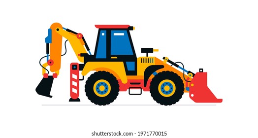 Construction machinery, tractor, excavator, loader. Commercial vehicles for work on the construction site. Vector illustration isolated on white background