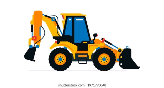 Construction machinery, tractor, excavator, loader. Commercial vehicles for work on the construction site. Vector illustration isolated on white background