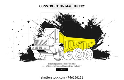 Construction machinery trendy systems layouts in polygon contour line composition technics analysis and technology operations. Awesome bright grunge geometry style with linear pictogram machine design