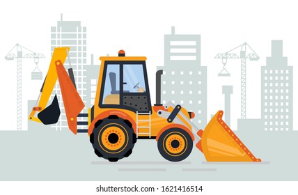 Construction machinery vector, cityscape with cranes and lifters with heavy objects. Tractor with empty cabin, building industry city and excavator