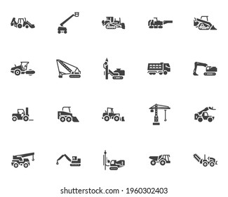 Construction machinery vector icons set, modern solid symbol collection, filled style pictogram pack. Signs, logo illustration. Set includes icons as construction truck, road roller, building crane