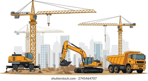 Construction Machinery Vector Illustration, Tower Cranes Excavator and Dump Truck on Urban Building Site