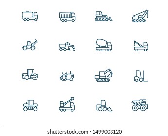 Construction machinery vector linear icons set. Heavy duty machines outline symbols pack. Collection of construction transport icons isolated contour illustrations. Vehicle. Auto cement truck. Dumper