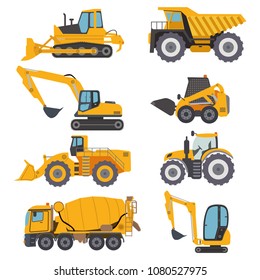 Construction machinery vehicle industry truck equipment heavy machine concrete mixer, loader and crawler crane vector illustration. Industrial building construction machinery tractor yellow truck.